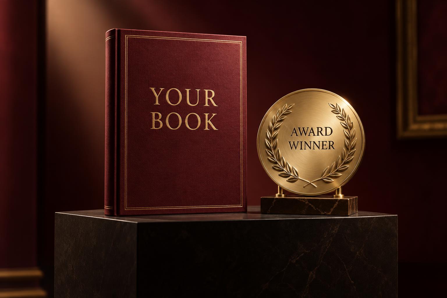 A book titled Your Book displayed beside an award winner plaque