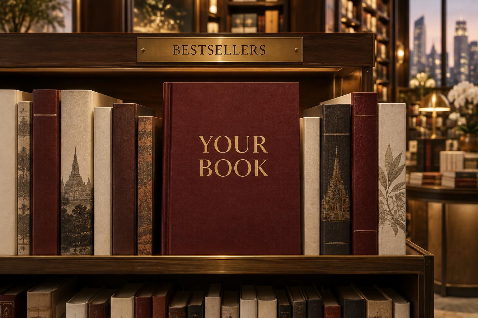 A book titled Your Book displayed on a bestseller shelf
