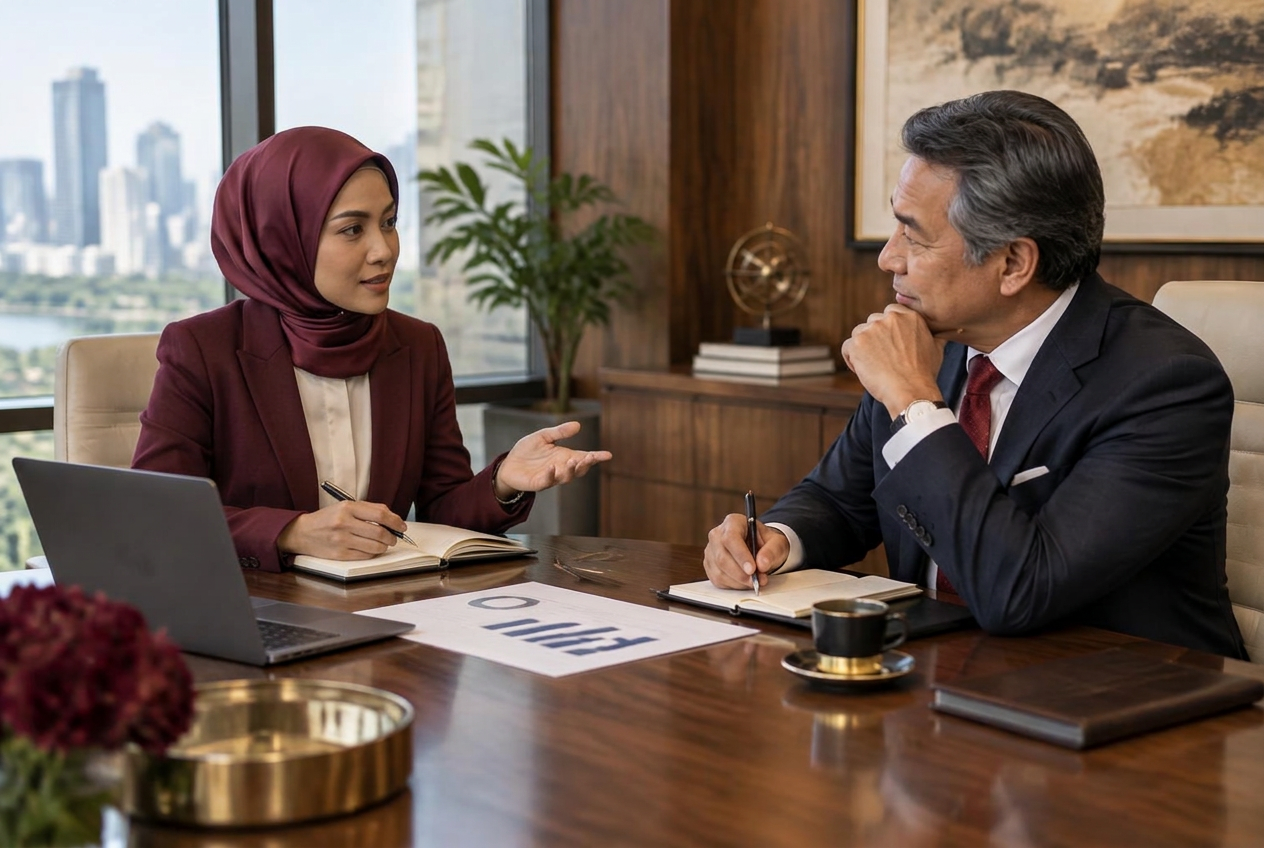 A confident expert coaching a senior executive