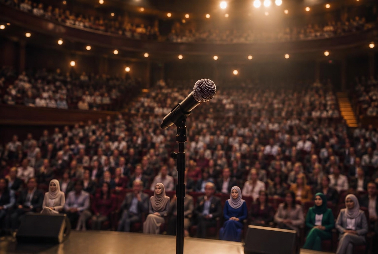 A microphone facing a packed auditorium